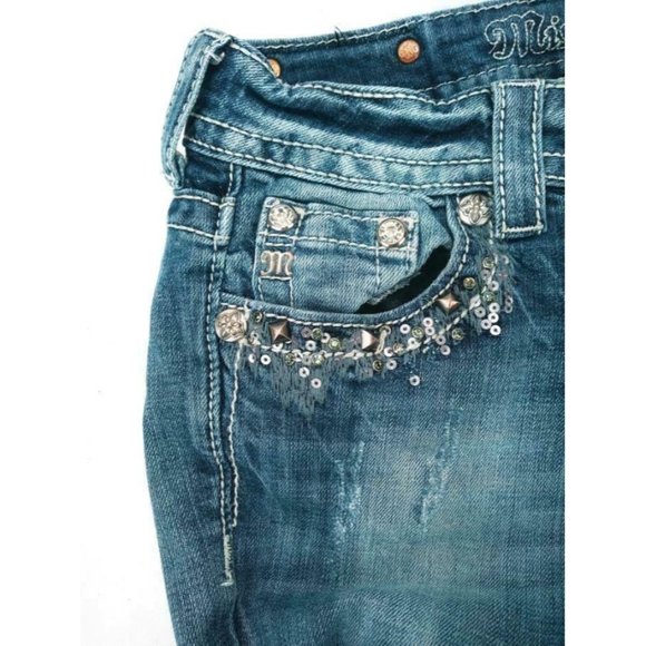 Miss Me Women's Jeans Sz 26 JE8007BR Boot Sequin Rhinestone Distressed Back Flap - Picture 4 of 12